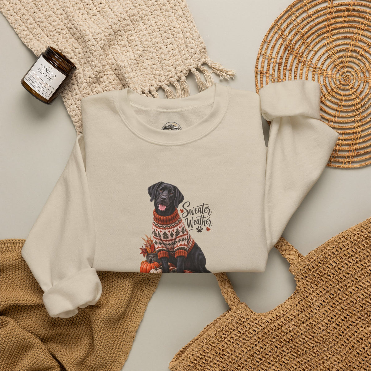 Crewneck Sweatshirt — Black Lab in Cozy Sweater "Sweater Weather" Autumn Design