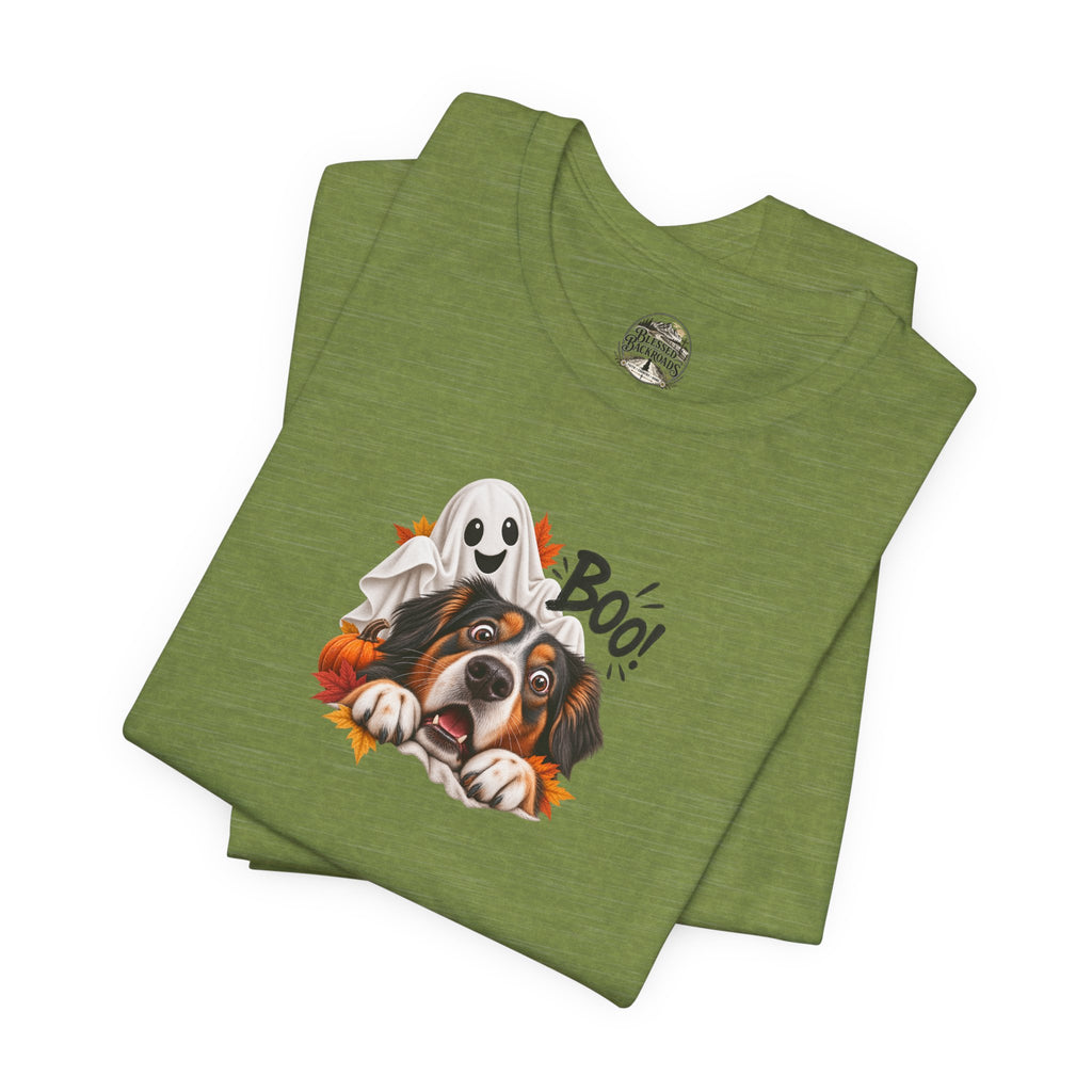 Halloween Dog Tee — "Boo!" Ghost Bernese Mountain Puppy T-Shirt