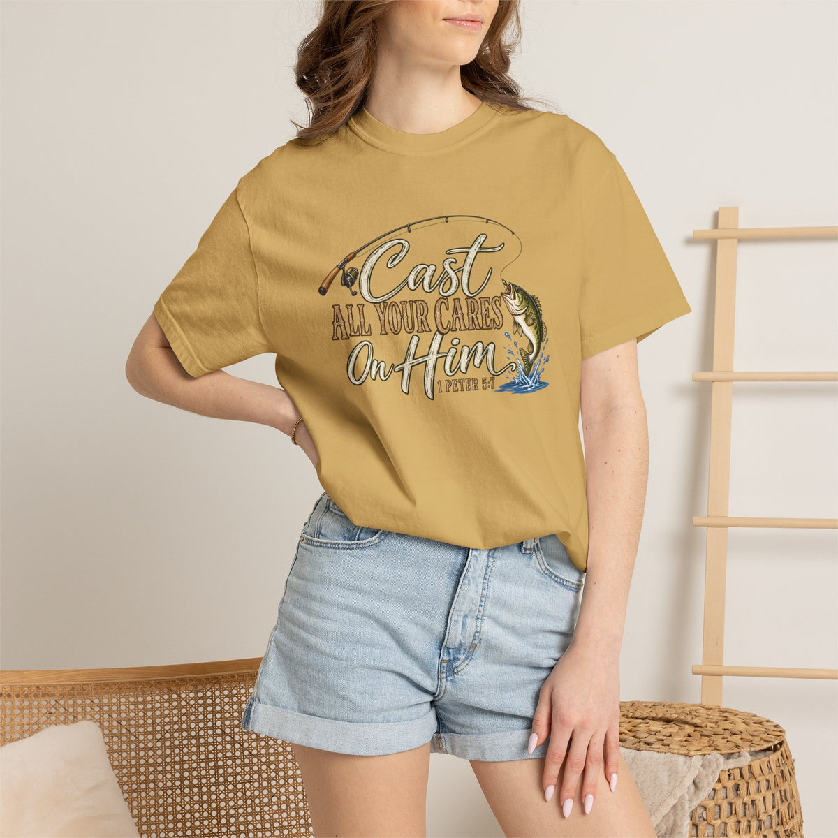 Fishing T-Shirt — “Cast All Your Cares On the Lord” Bass Graphic Tee