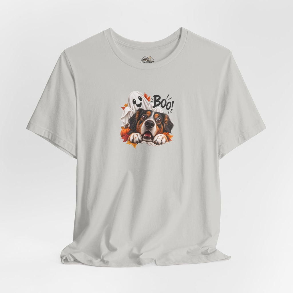 Halloween Dog Tee — "Boo!" Ghost Bernese Mountain Puppy T-Shirt