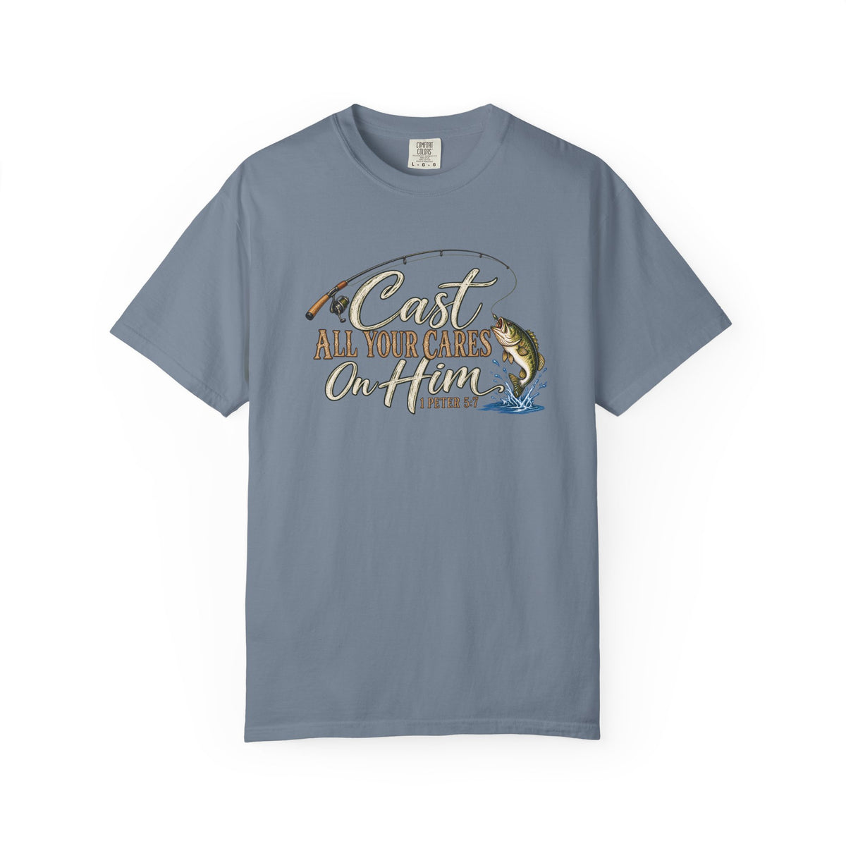 Fishing T-Shirt — “Cast All Your Cares On the Lord” Bass Graphic Tee