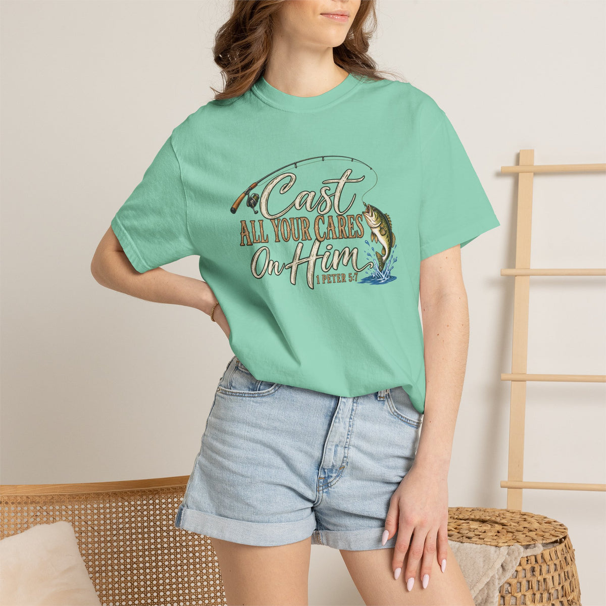 Fishing T-Shirt — “Cast All Your Cares On the Lord” Bass Graphic Tee