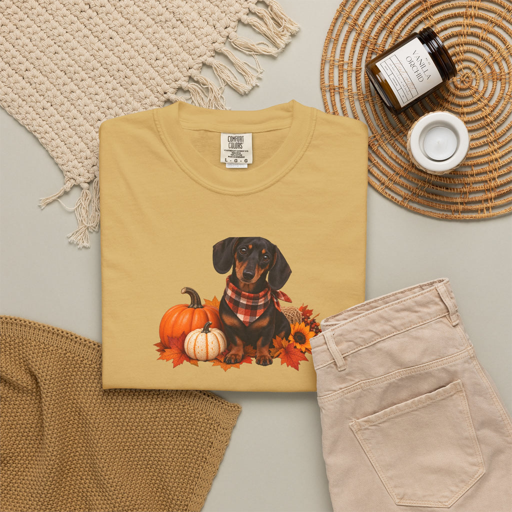 Dachshund Pumpkin Tee — Fall Dog Shirt with Pumpkins & Sunflower