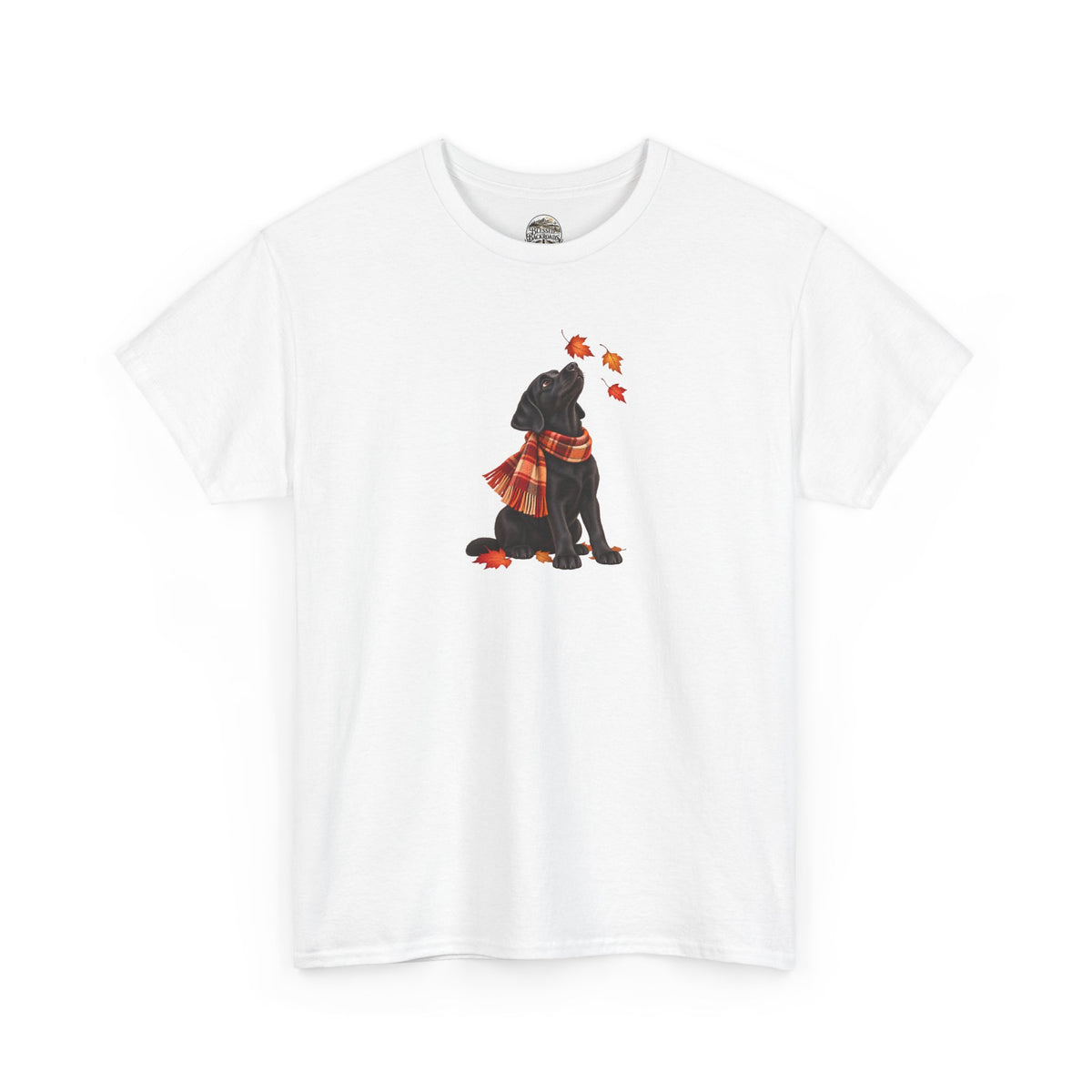 Autumn Black Lab Tee — Scarf-Wearing Labrador with Falling Leaves