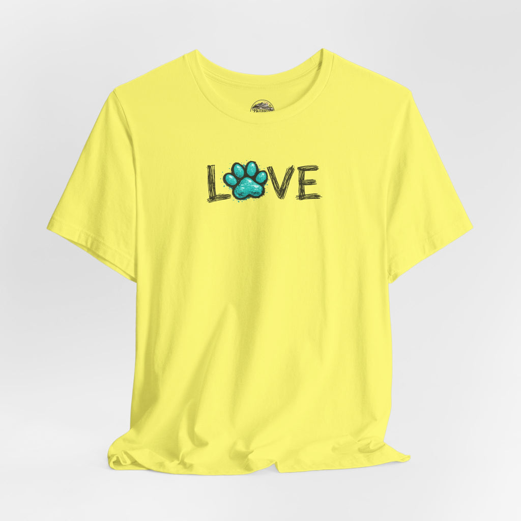 Love Paw Print T-Shirt — Teal Paw "LOVE" Graphic Tee for Dog Lovers