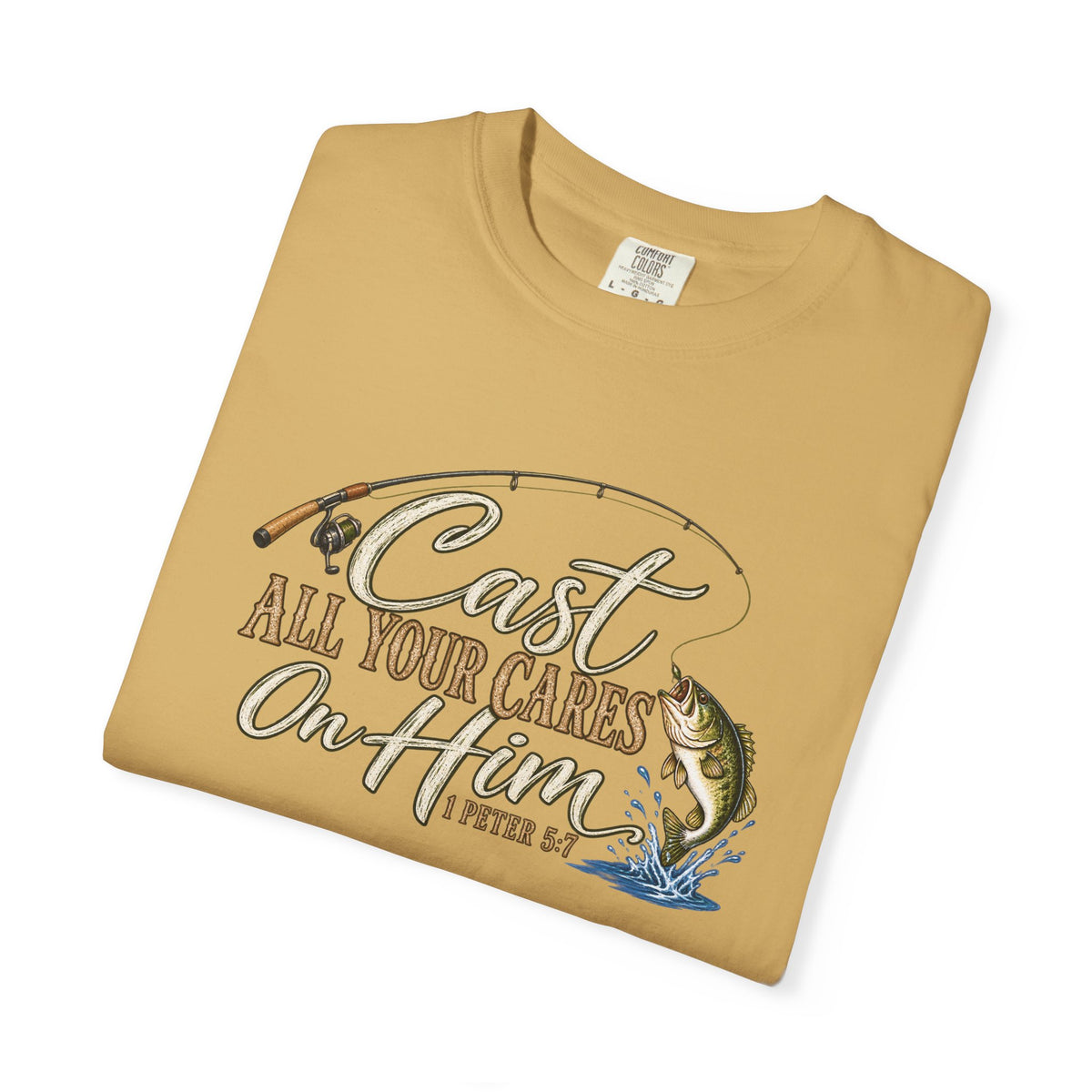 Fishing T-Shirt — “Cast All Your Cares On the Lord” Bass Graphic Tee