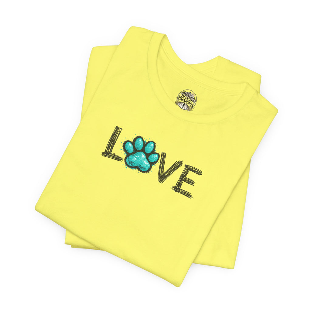 Love Paw Print T-Shirt — Teal Paw "LOVE" Graphic Tee for Dog Lovers