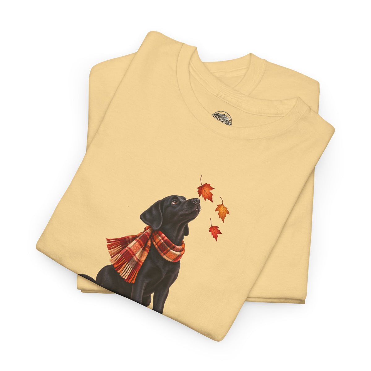 Autumn Black Lab Tee — Scarf-Wearing Labrador with Falling Leaves