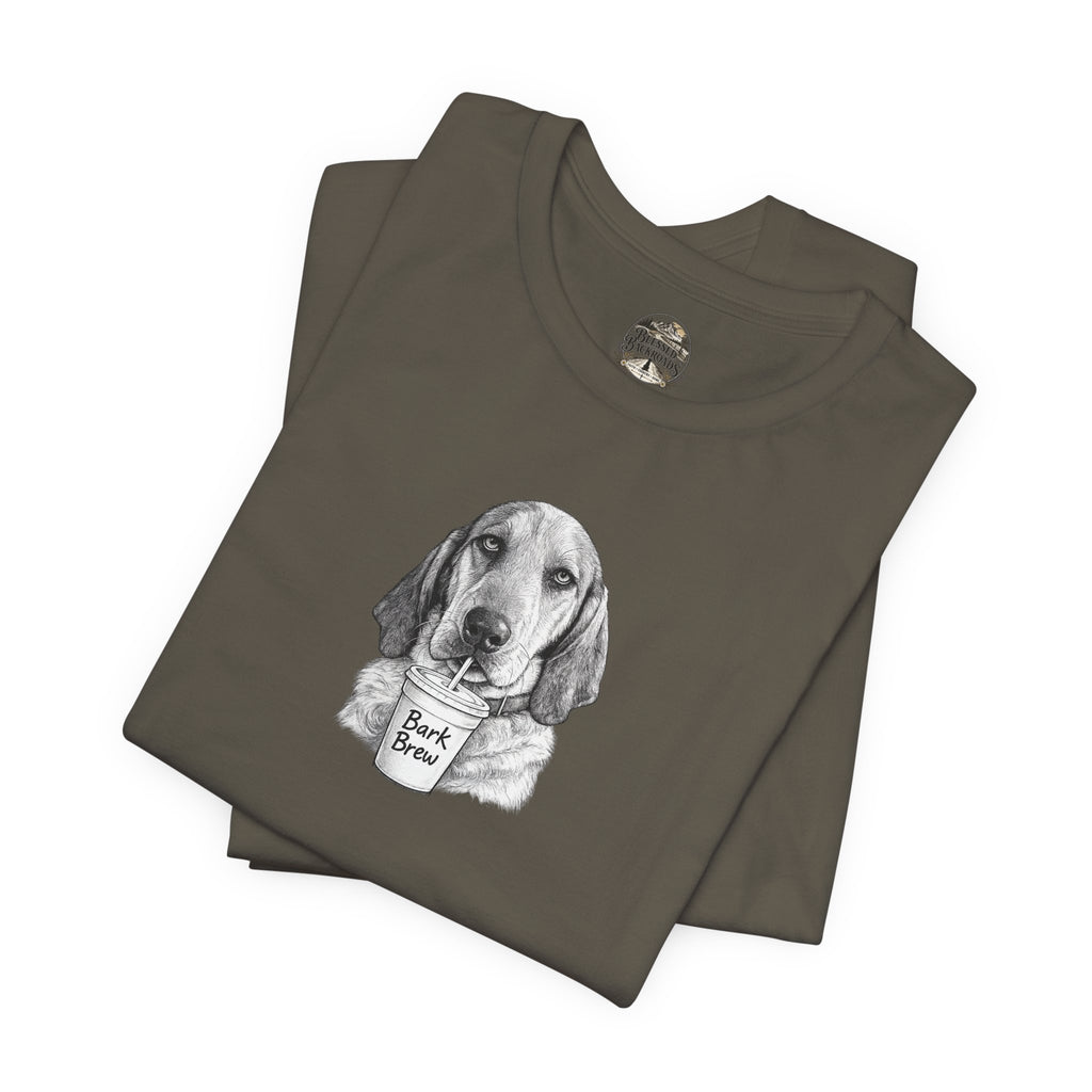 Dog Lover T‑Shirt —Hound Drinking 'Bark Brew' Graphic Tee