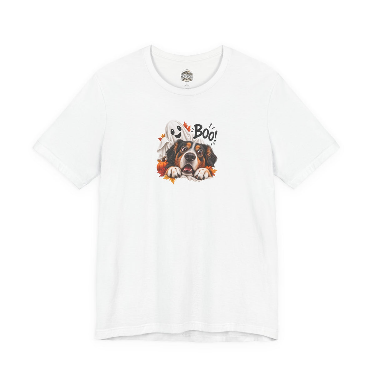 Halloween Dog Tee — "Boo!" Ghost Bernese Mountain Puppy T-Shirt