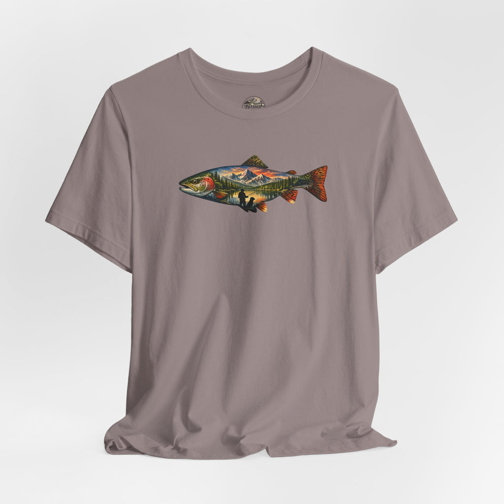 Trout Landscape Graphic Tee — Nature Fisherman T-Shirt