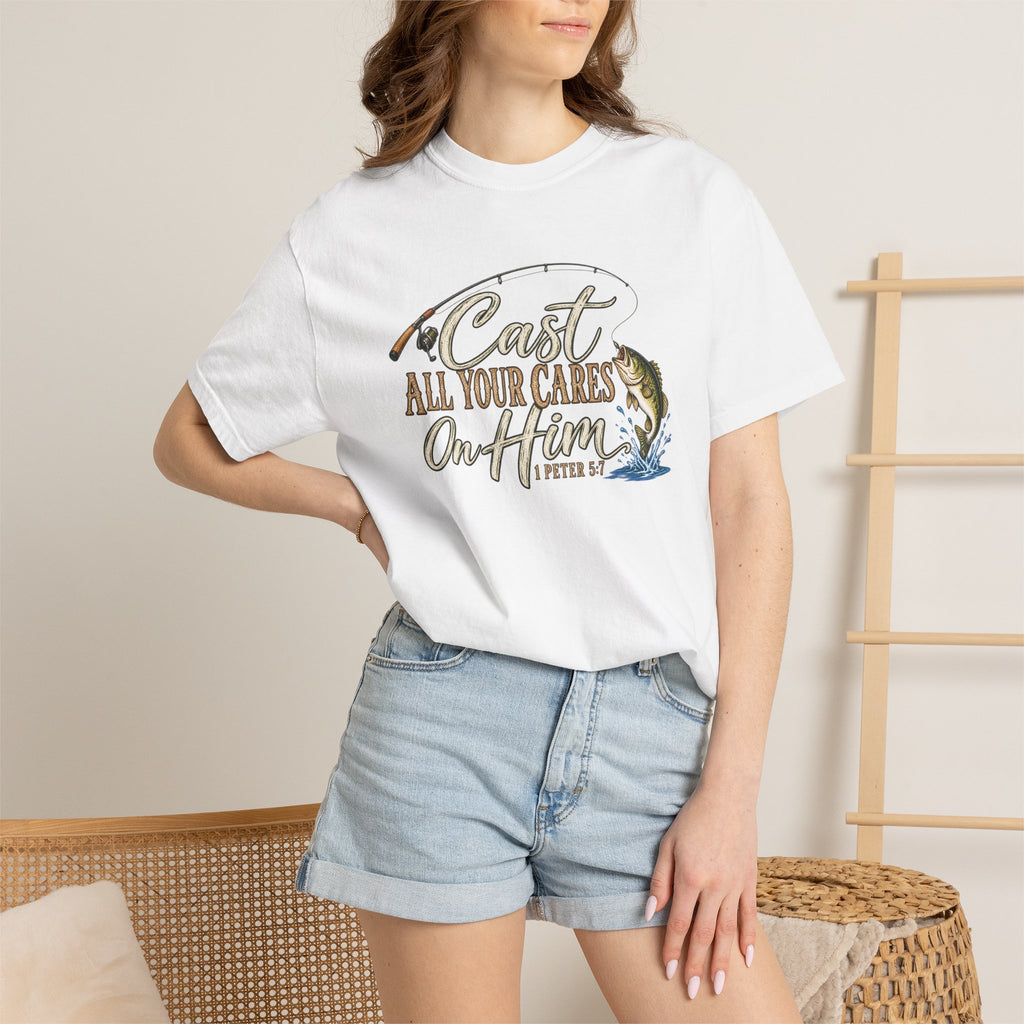 Fishing T-Shirt — “Cast All Your Cares On the Lord” Bass Graphic Tee