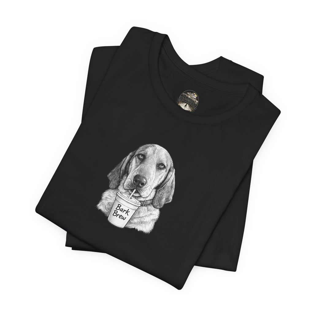 Dog Lover T‑Shirt —Hound Drinking 'Bark Brew' Graphic Tee