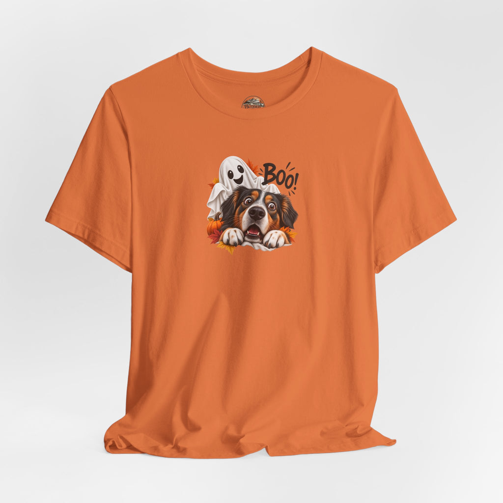 Halloween Dog Tee — "Boo!" Ghost Bernese Mountain Puppy T-Shirt
