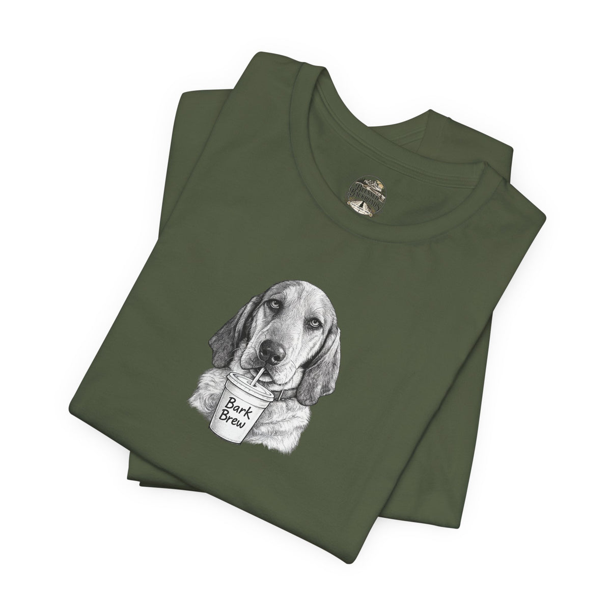 Dog Lover T‑Shirt —Hound Drinking 'Bark Brew' Graphic Tee