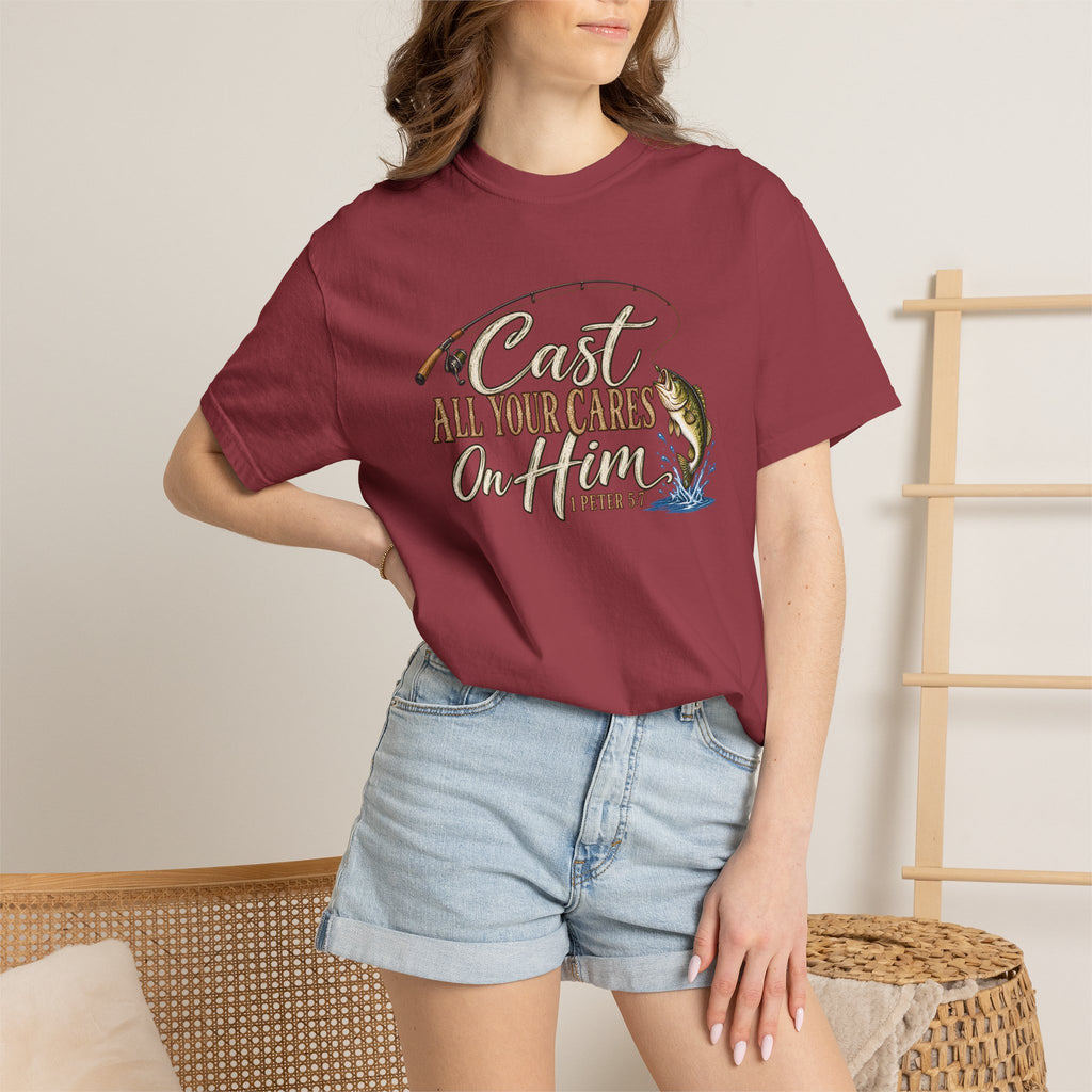 Fishing T-Shirt — “Cast All Your Cares On the Lord” Bass Graphic Tee