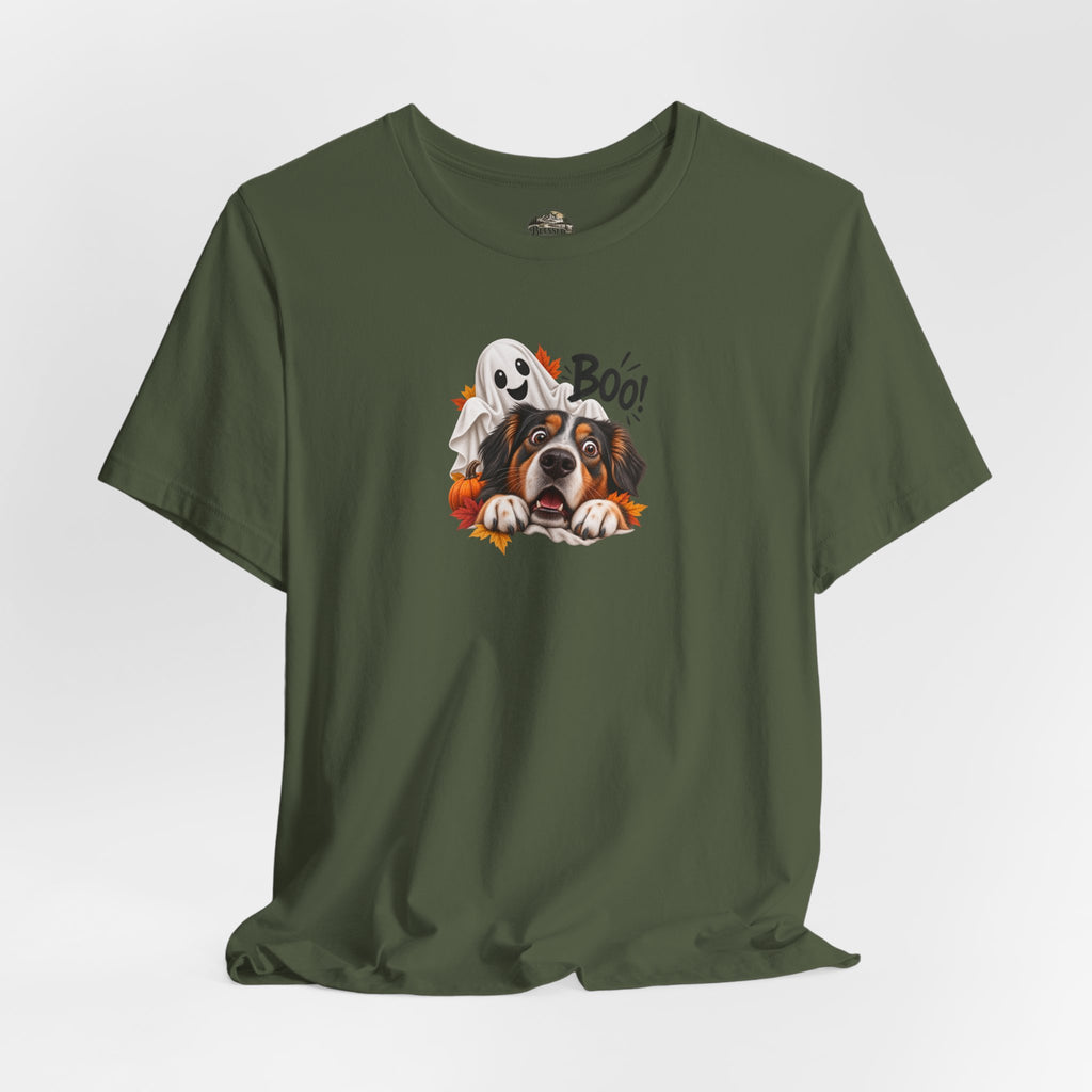 Halloween Dog Tee — "Boo!" Ghost Bernese Mountain Puppy T-Shirt