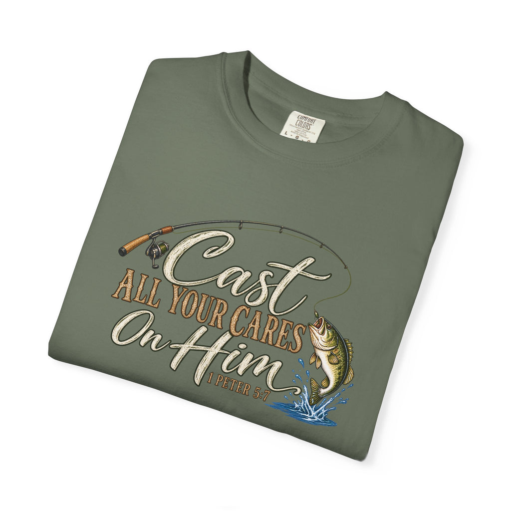 Fishing T-Shirt — “Cast All Your Cares On the Lord” Bass Graphic Tee
