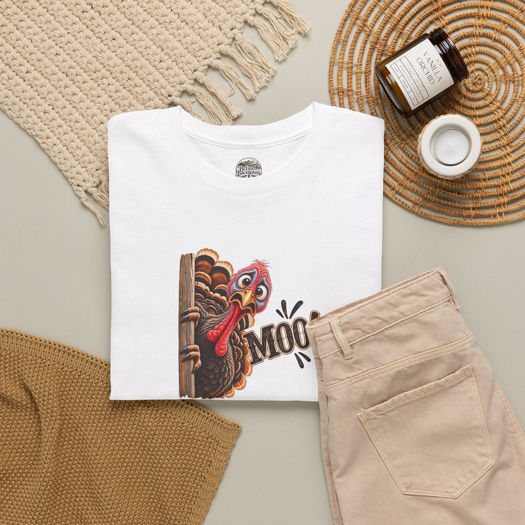 Turkey Peeking 'Moo!' Tee — Funny Thanksgiving Turkey T-Shirt