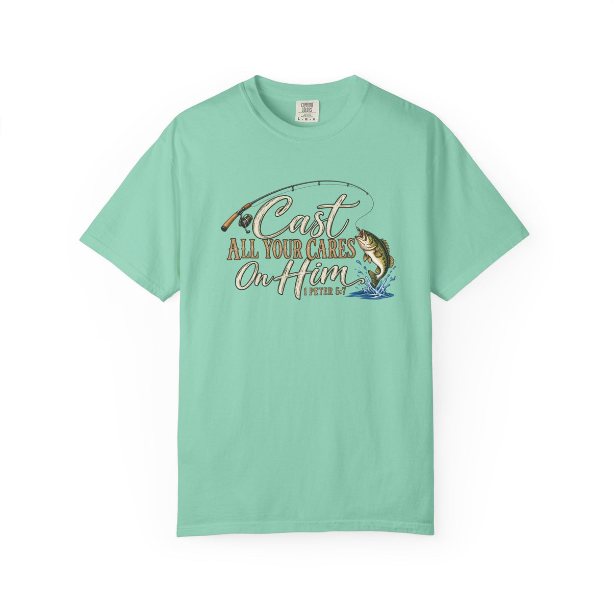 Fishing T-Shirt — “Cast All Your Cares On the Lord” Bass Graphic Tee