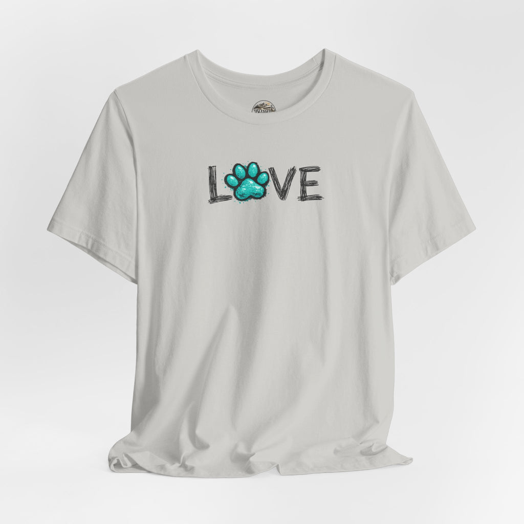 Love Paw Print T-Shirt — Teal Paw "LOVE" Graphic Tee for Dog Lovers