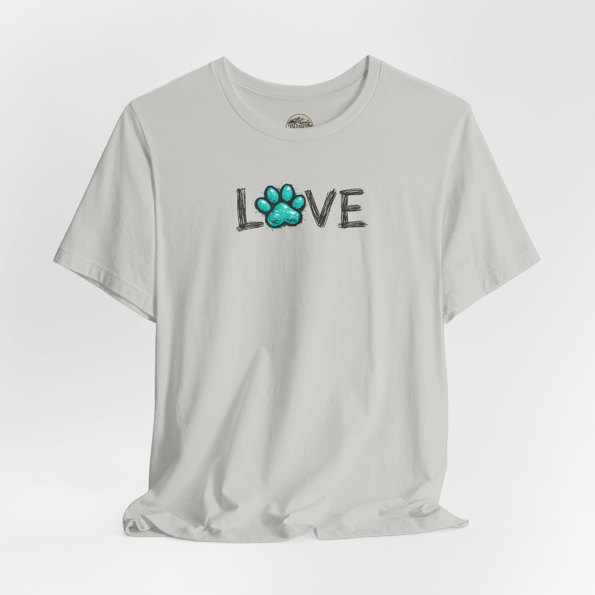 Love Paw Print T-Shirt — Teal Paw "LOVE" Graphic Tee for Dog Lovers