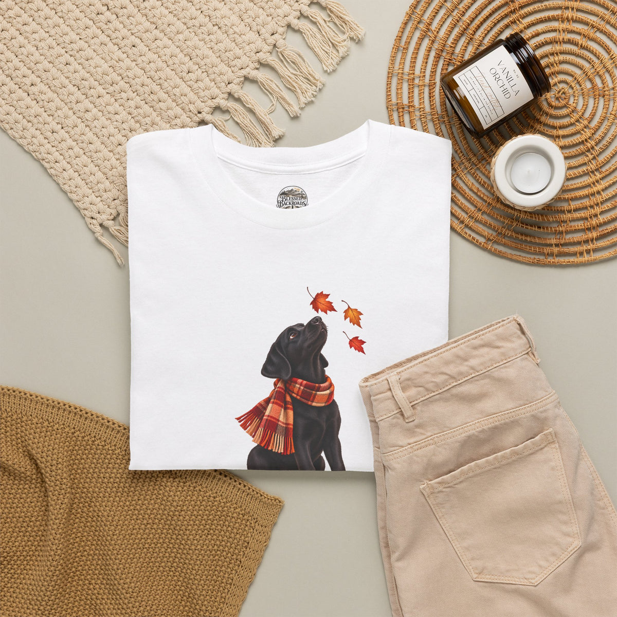 Autumn Black Lab Tee — Scarf-Wearing Labrador with Falling Leaves