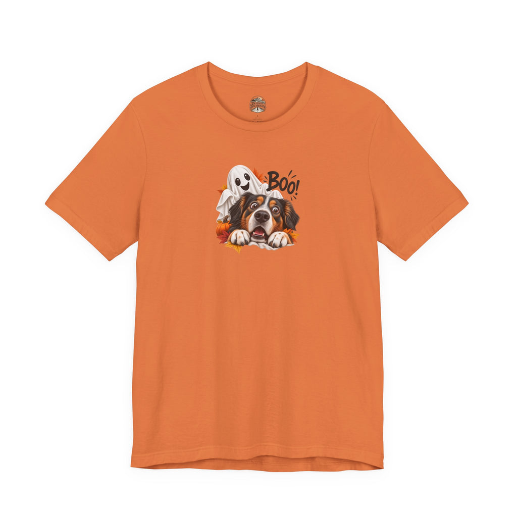Halloween Dog Tee — "Boo!" Ghost Bernese Mountain Puppy T-Shirt