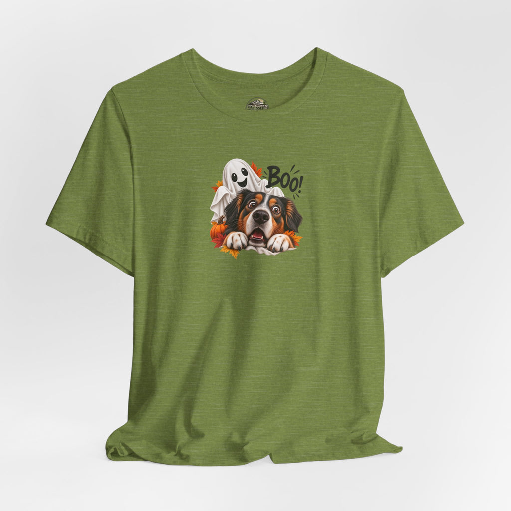 Halloween Dog Tee — "Boo!" Ghost Bernese Mountain Puppy T-Shirt