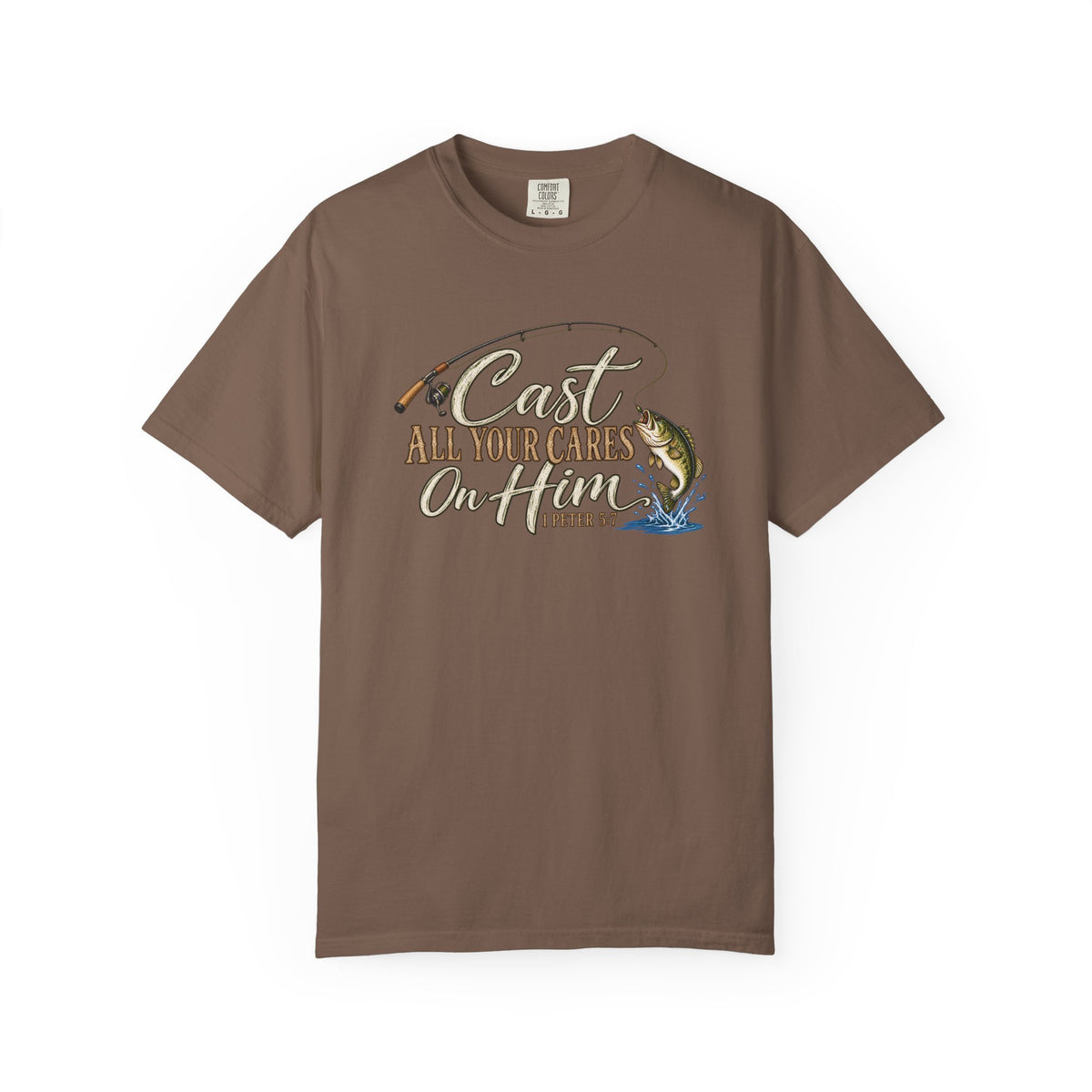 Fishing T-Shirt — “Cast All Your Cares On the Lord” Bass Graphic Tee