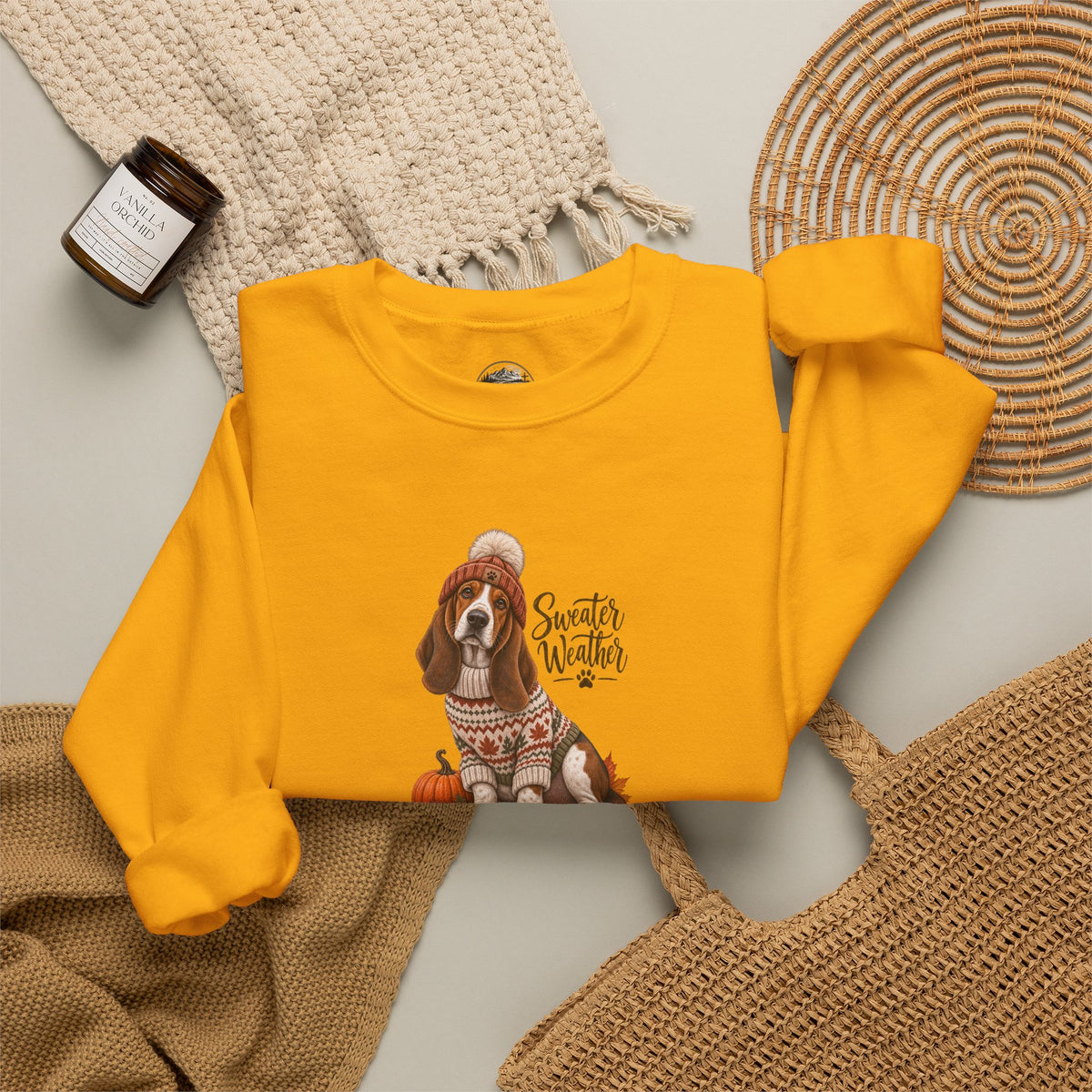Basset Hound Fall Sweatshirt – 'Sweater Weather' Cozy Autumn Crewneck