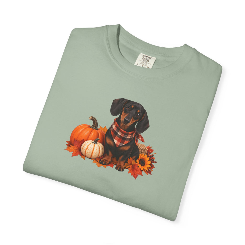 Dachshund Pumpkin Tee — Fall Dog Shirt with Pumpkins & Sunflower