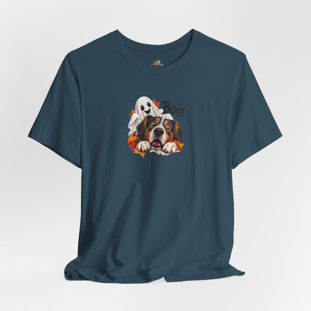 Halloween Dog Tee — "Boo!" Ghost Bernese Mountain Puppy T-Shirt