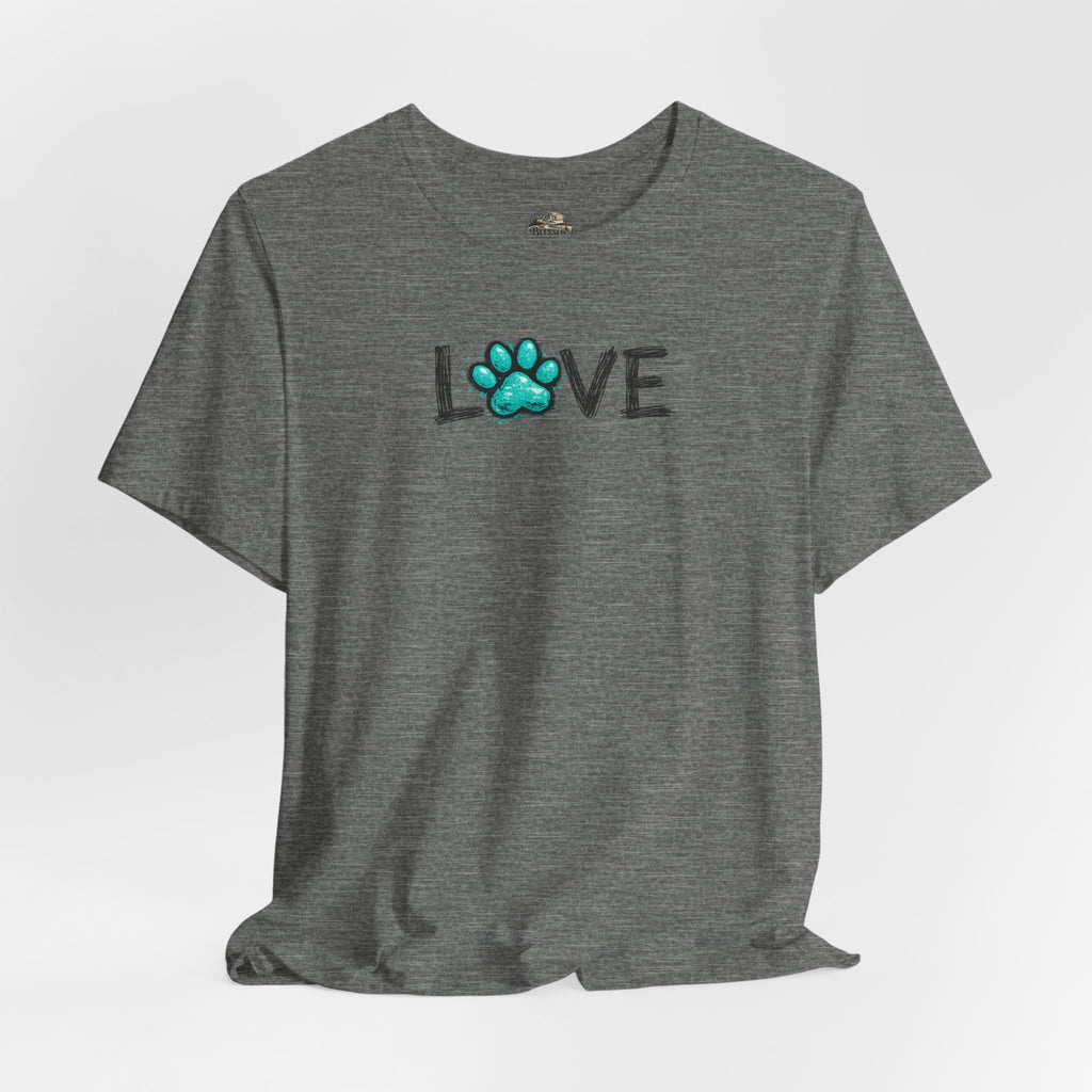 Love Paw Print T-Shirt — Teal Paw "LOVE" Graphic Tee for Dog Lovers