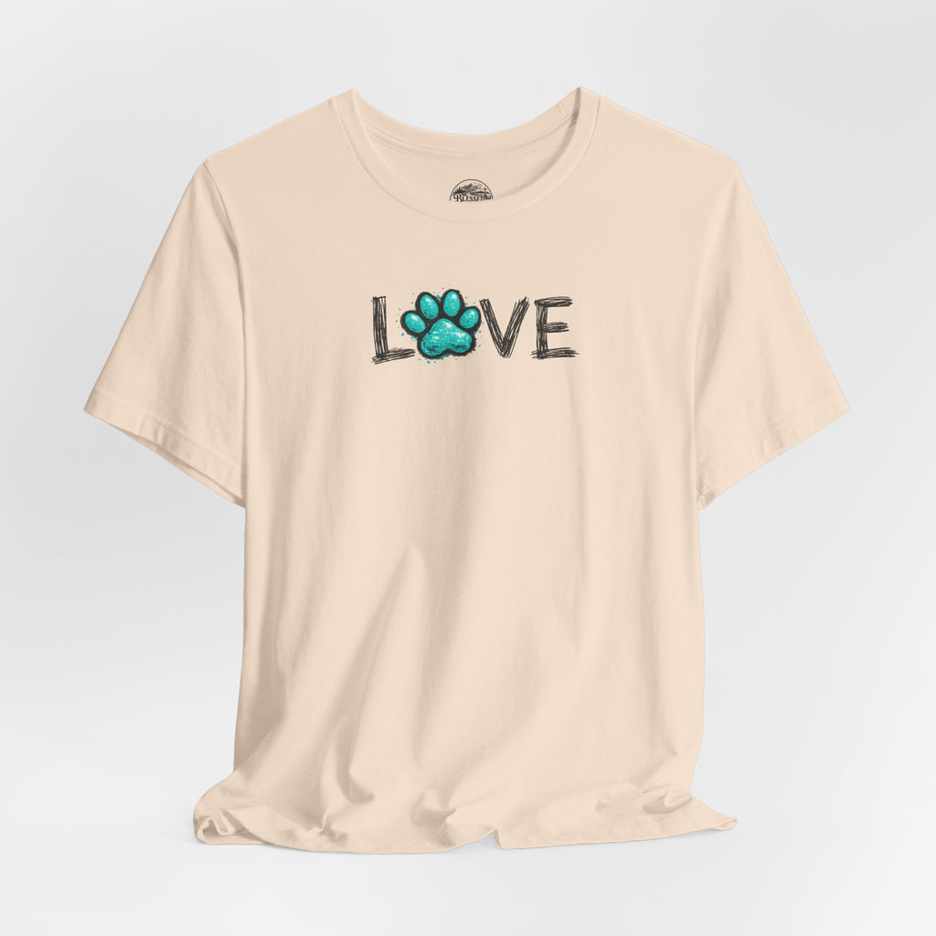 Love Paw Print T-Shirt — Teal Paw "LOVE" Graphic Tee for Dog Lovers