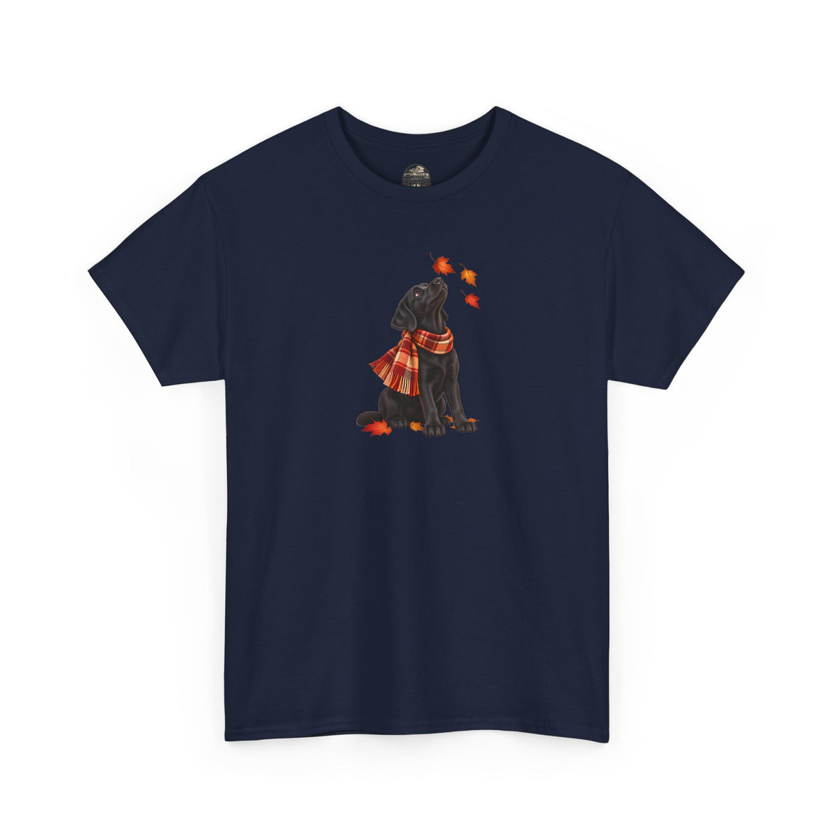 Autumn Black Lab Tee — Scarf-Wearing Labrador with Falling Leaves