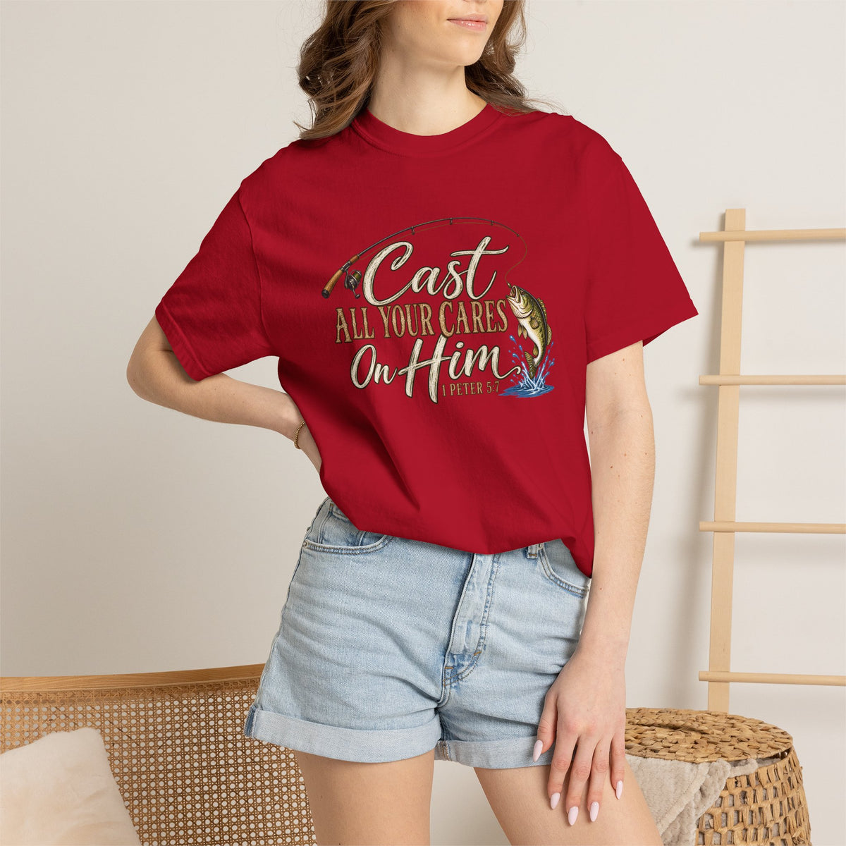 Fishing T-Shirt — “Cast All Your Cares On the Lord” Bass Graphic Tee