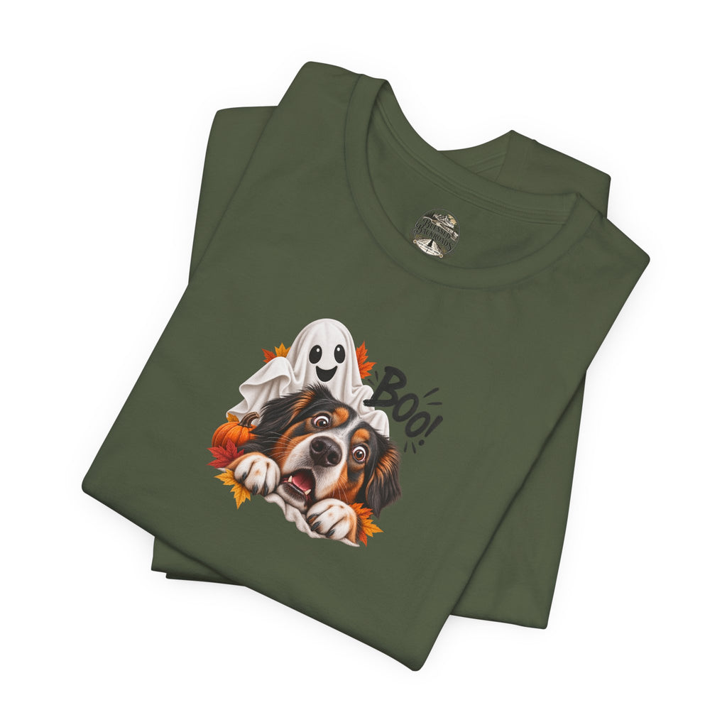 Halloween Dog Tee — "Boo!" Ghost Bernese Mountain Puppy T-Shirt