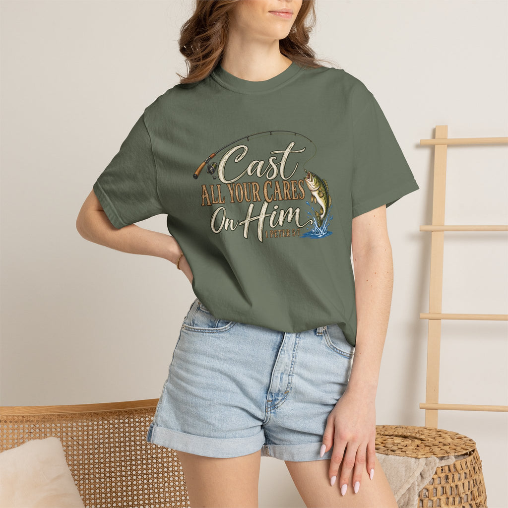 Fishing T-Shirt — “Cast All Your Cares On the Lord” Bass Graphic Tee