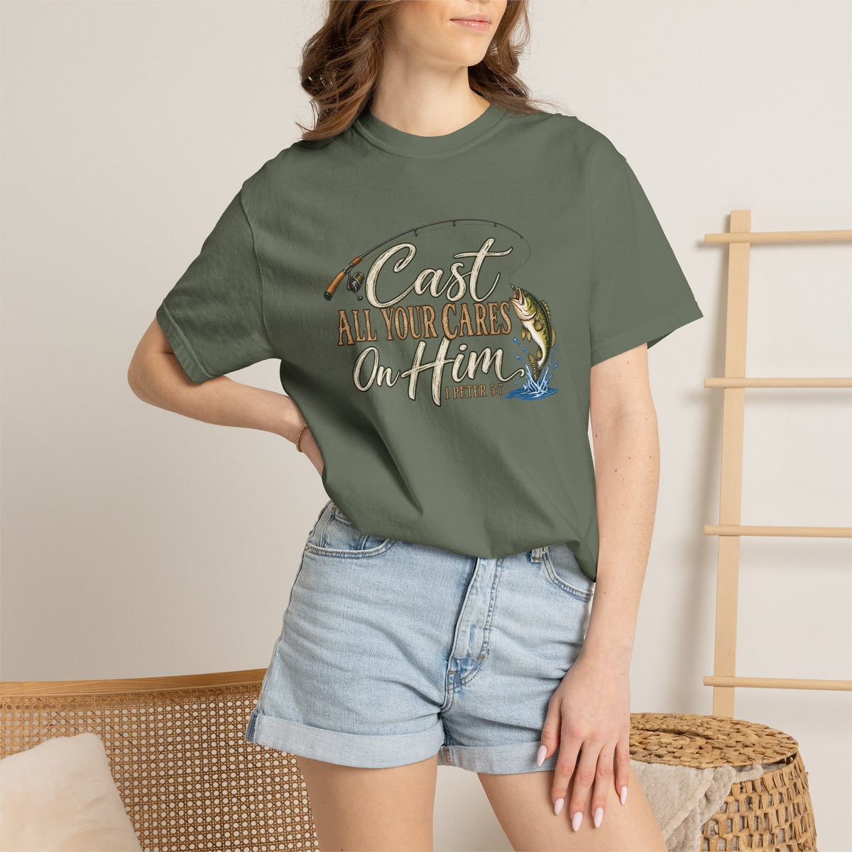 Fishing T-Shirt — “Cast All Your Cares On the Lord” Bass Graphic Tee