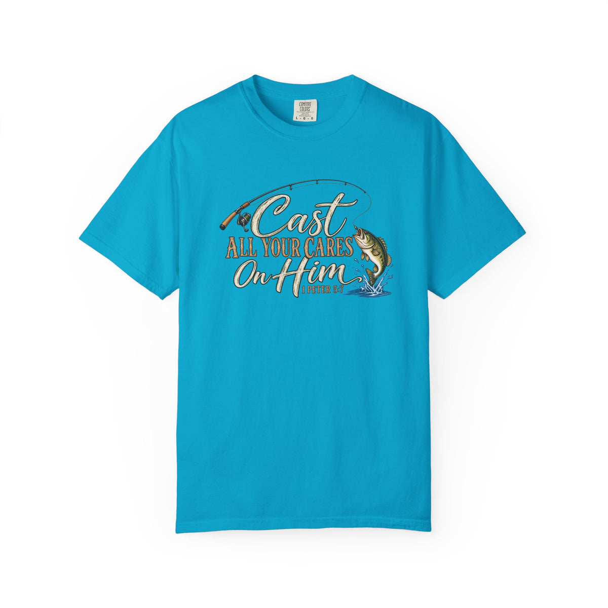 Fishing T-Shirt — “Cast All Your Cares On the Lord” Bass Graphic Tee