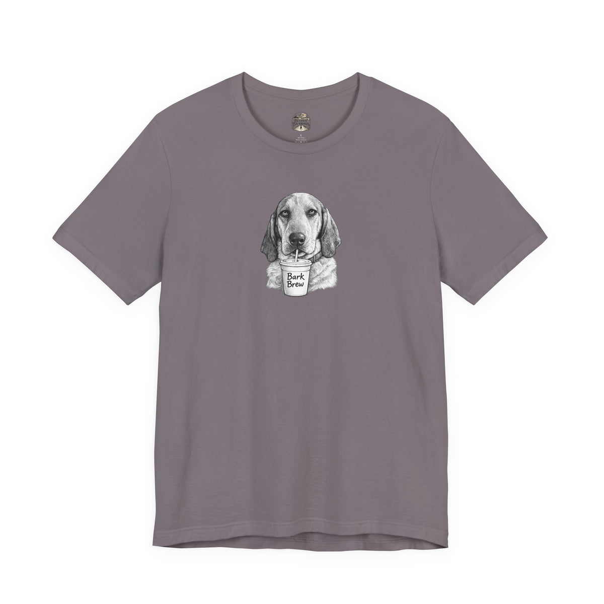 Dog Lover T‑Shirt —Hound Drinking 'Bark Brew' Graphic Tee