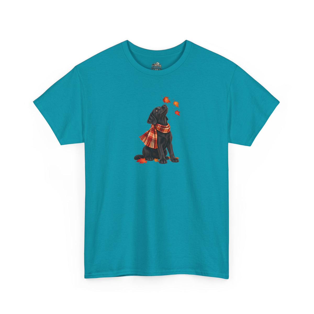 Autumn Black Lab Tee — Scarf-Wearing Labrador with Falling Leaves