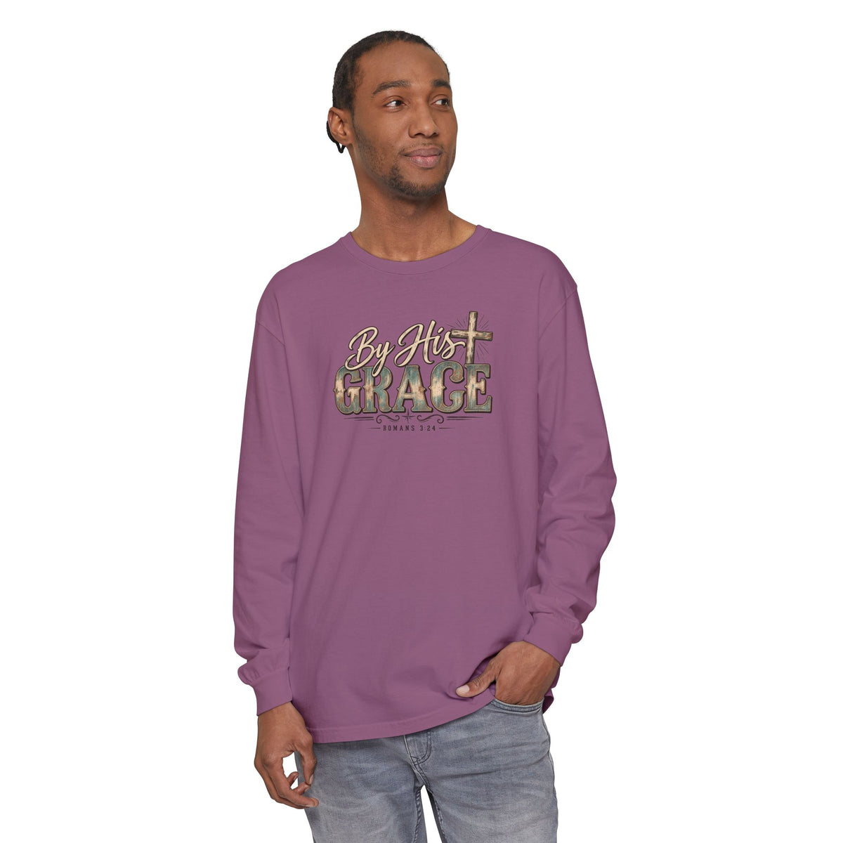 By His Grace Long Sleeve Shirt — Christian Faith Tee with Cross