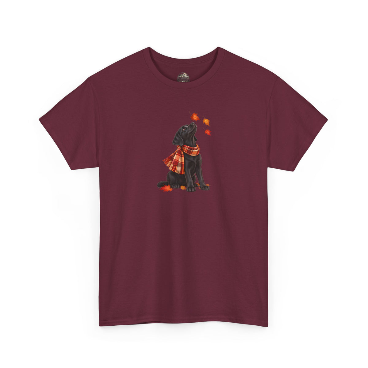Autumn Black Lab Tee — Scarf-Wearing Labrador with Falling Leaves