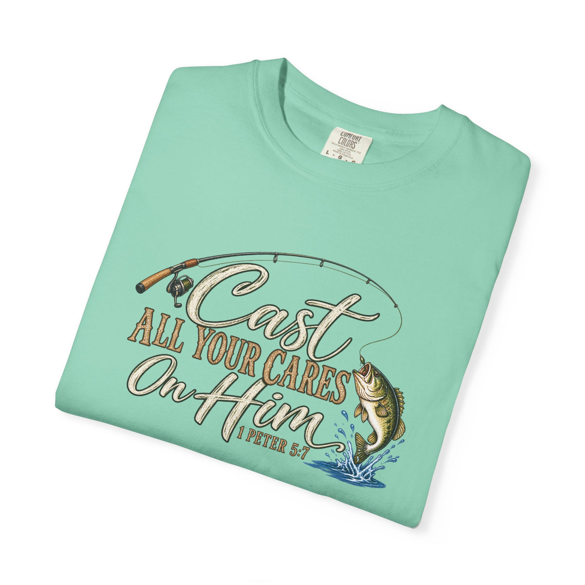 Fishing T-Shirt — “Cast All Your Cares On the Lord” Bass Graphic Tee