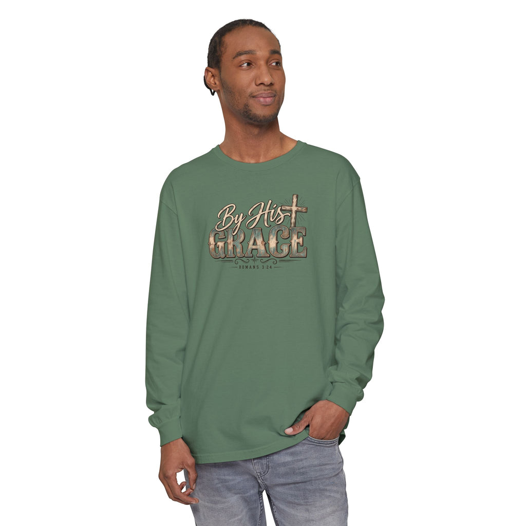 By His Grace Long Sleeve Shirt — Christian Faith Tee with Cross