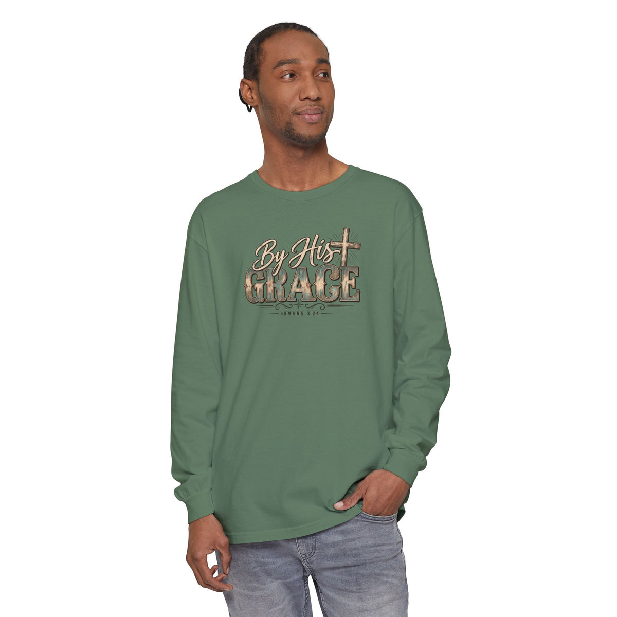 By His Grace Long Sleeve Shirt — Christian Faith Tee with Cross