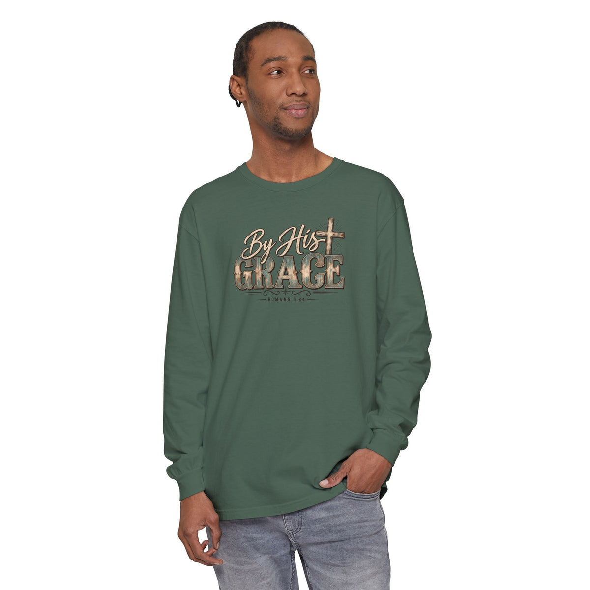By His Grace Long Sleeve Shirt — Christian Faith Tee with Cross