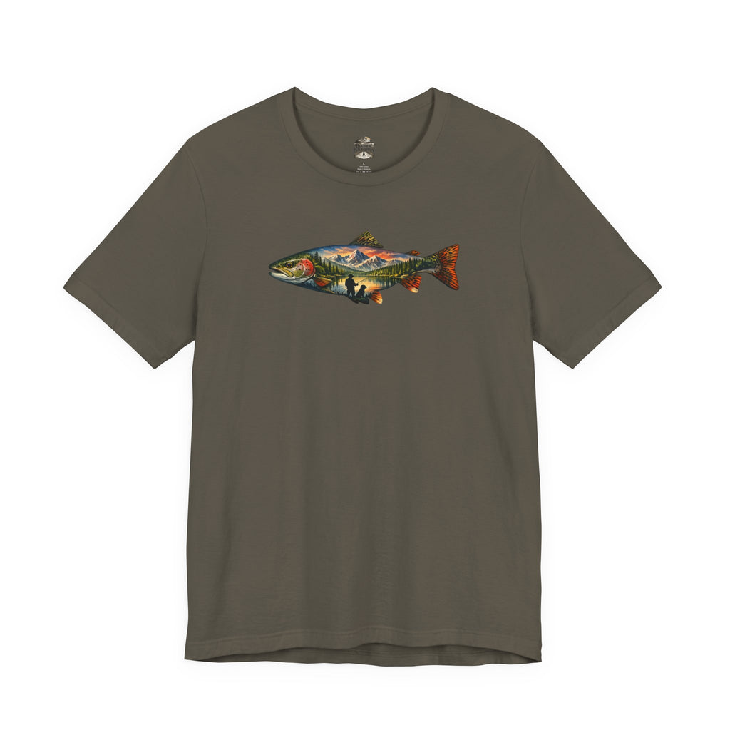 Trout Landscape Graphic Tee — Nature Fisherman T-Shirt